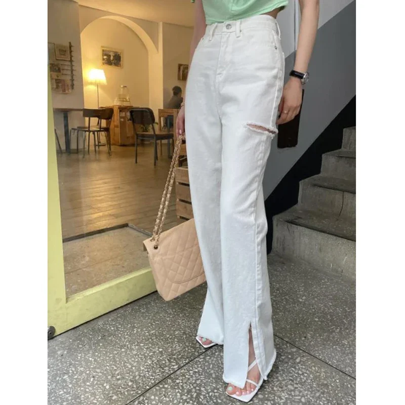 White Split Jeans Women Streetwear Summer  Vintage High Waisted Wide Leg Pants Korean Chic Ripped Jeans Mom Soft Denim