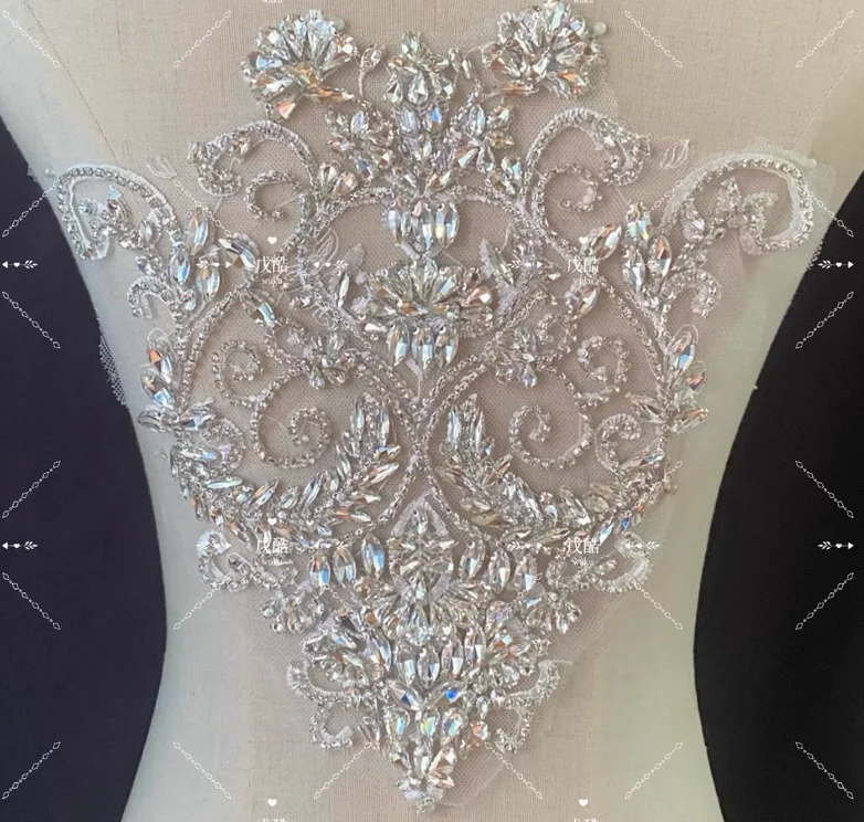 Hand-embroidered beaded beaded double beaded lace applique wedding dress skirt performance clothes children's wear diamond.