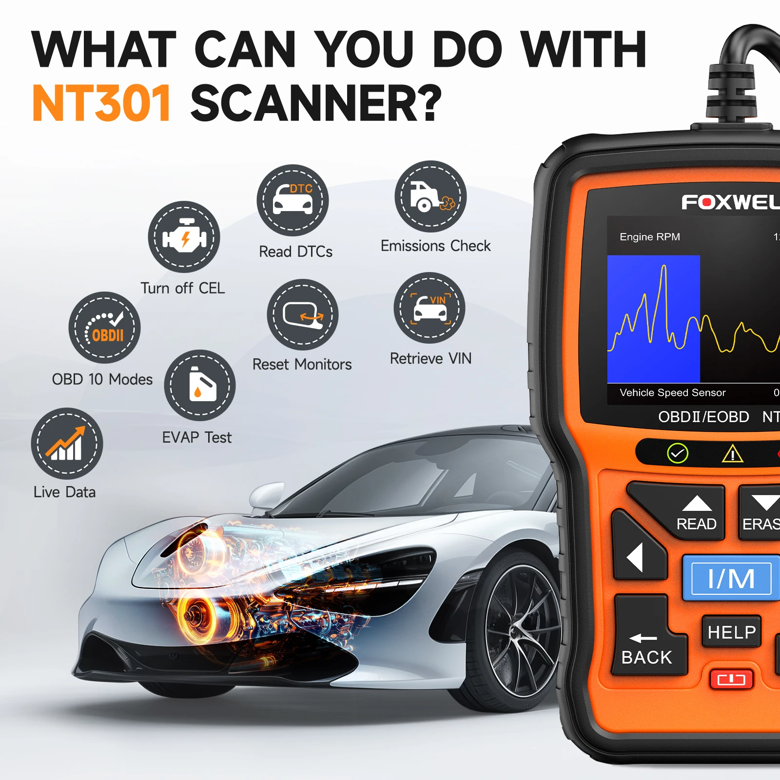 FOXWELL NT301 OBD2-Scanner für Live-Daten, professionelles Mechaniker-OBDII-Diagnosecode-Lesegerät für Check Engine Light I/M Readines – Detail 5