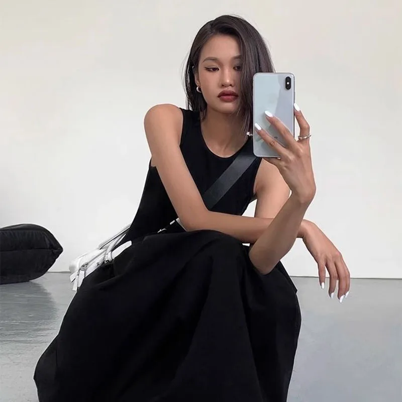 Summer Sleeveless Long Dress For Women Korean Fashion High Waist Round Neck Dresses Woman Solid Simple Temperament Midi Dress