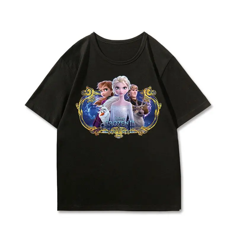 ديزني فروزن 2 أسود تي شيرت النساء الاطفال 2025 الصيف ملابس علوية من القطن إلسا آنا أولاف سفين كريستوف مجموعة الأزرق الجليد خلفية الذهب