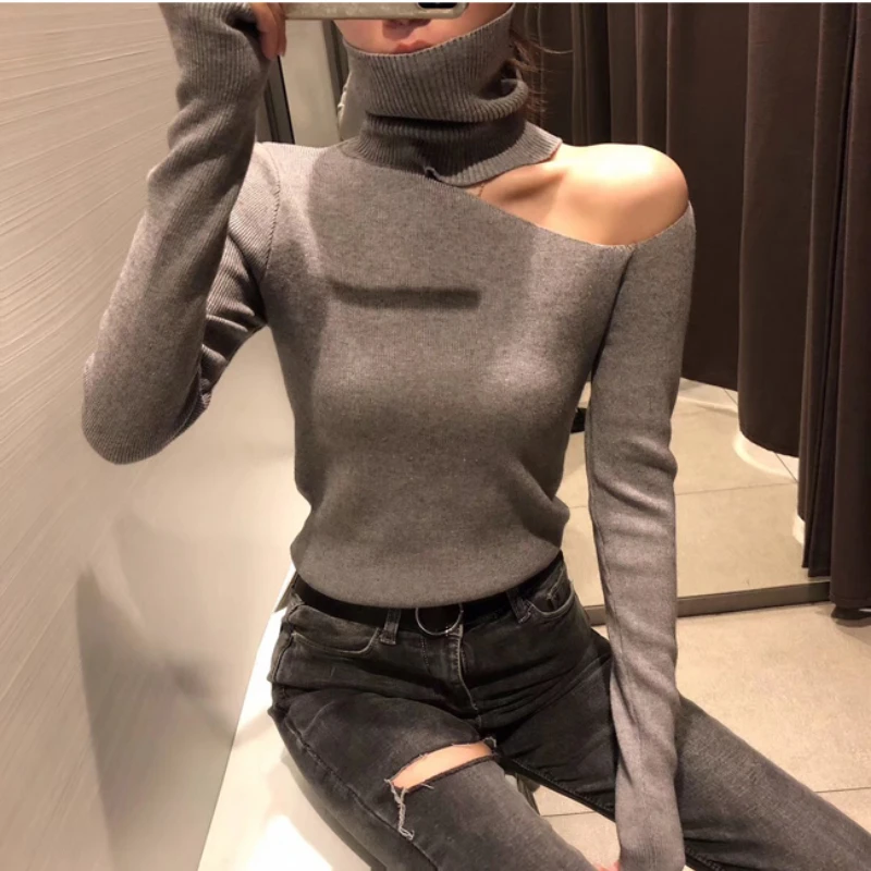 Knitted Sweater Off Shoulder Pullovers Sweater for Women Long Sleeve Turtleneck Female Jumper Black White Sexy Clothing New 2020