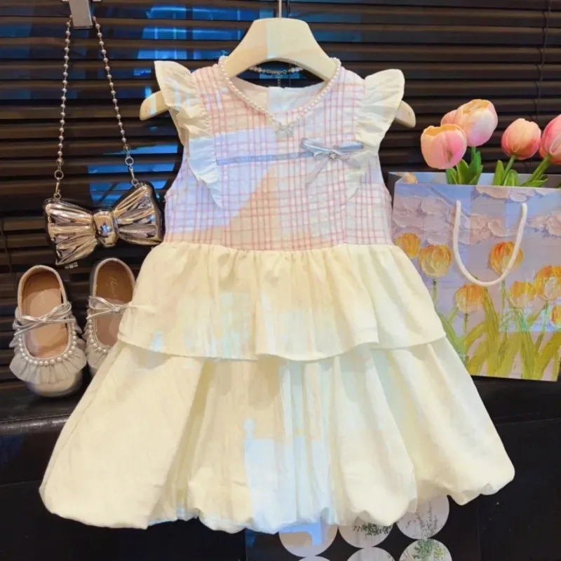

New Summer Korean Style Girls' Dress with Bowknot and Plaid Patchwork, Sweet Little Flutter Sleeve Princess Dress
