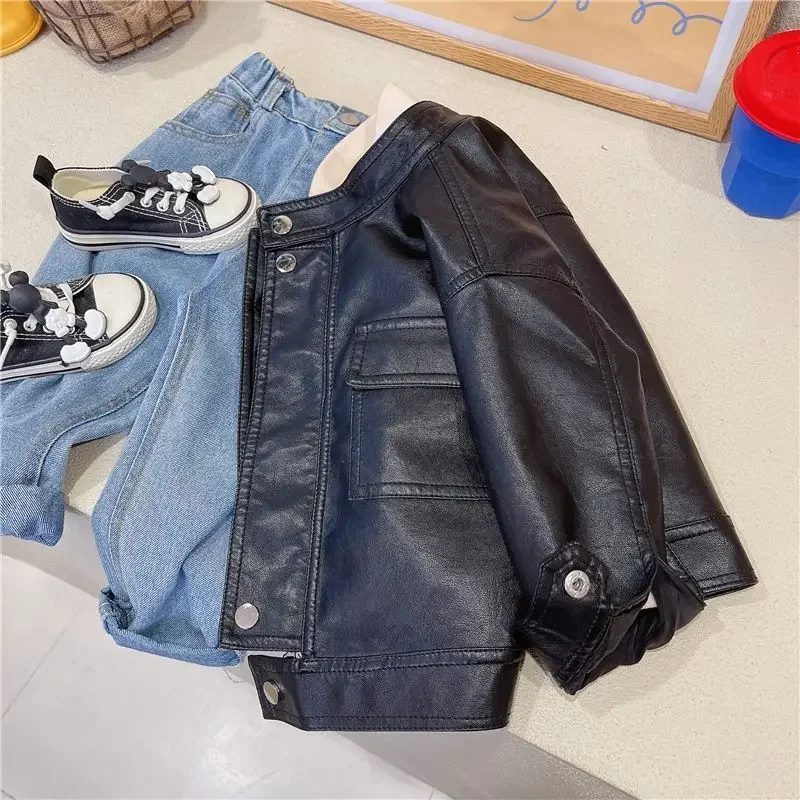 New 2024 Boys\' PU Leather Toddler Jacket Baby Boy Spring Autumn Infant Kids Girls Motorcycle Coat Korean Style Black Outerwear