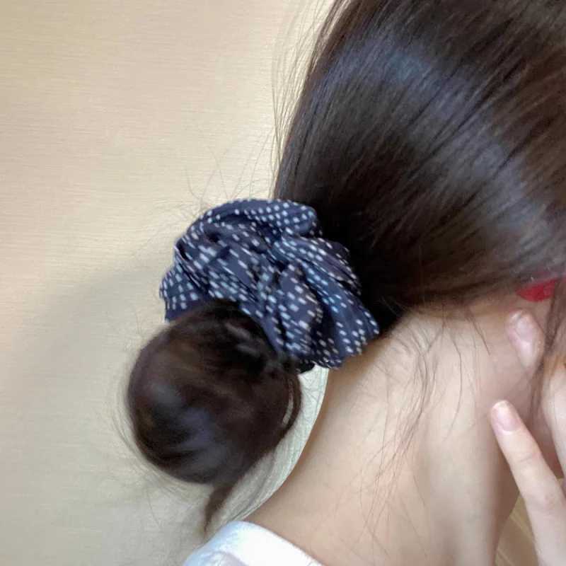 Navy Polka Dot Scrunchies Fabric Hair Tie Elastic Hair Band Women Hair Accessories Daily Headwear