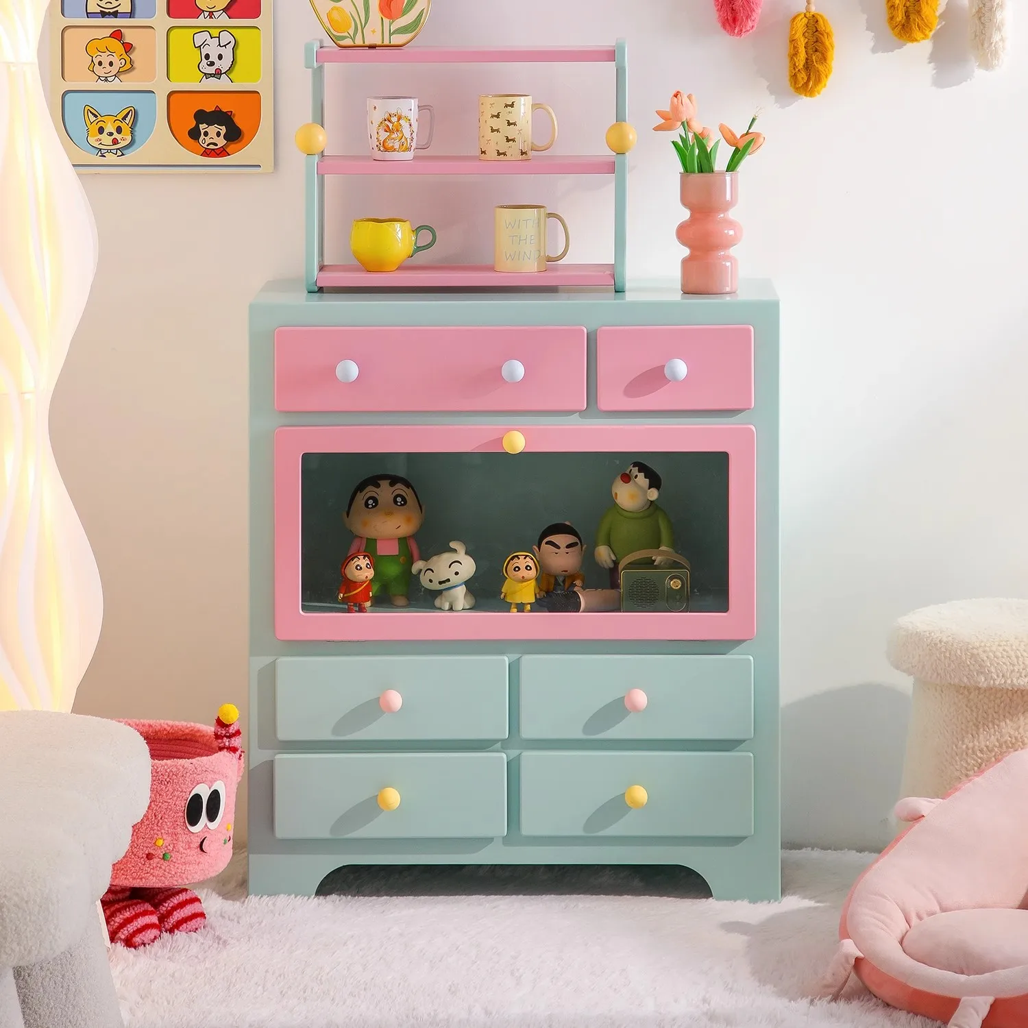 

Cream wind solid wood dopamine chest bedroom storage color cabinet Japanese locker living room sofa pink side cabinet