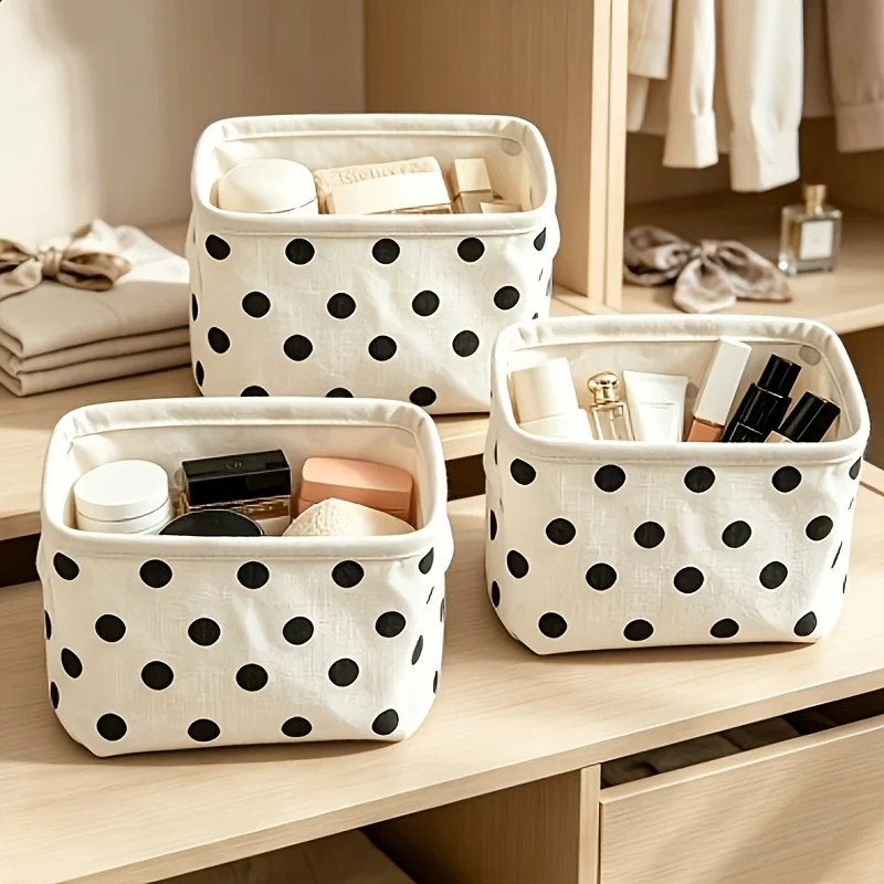 3Pcs Polka Dot Desktop Storage Organizer Set, Fabric Open‑Top Box with Handles for Cosmetics Crafts Office Dressing Table