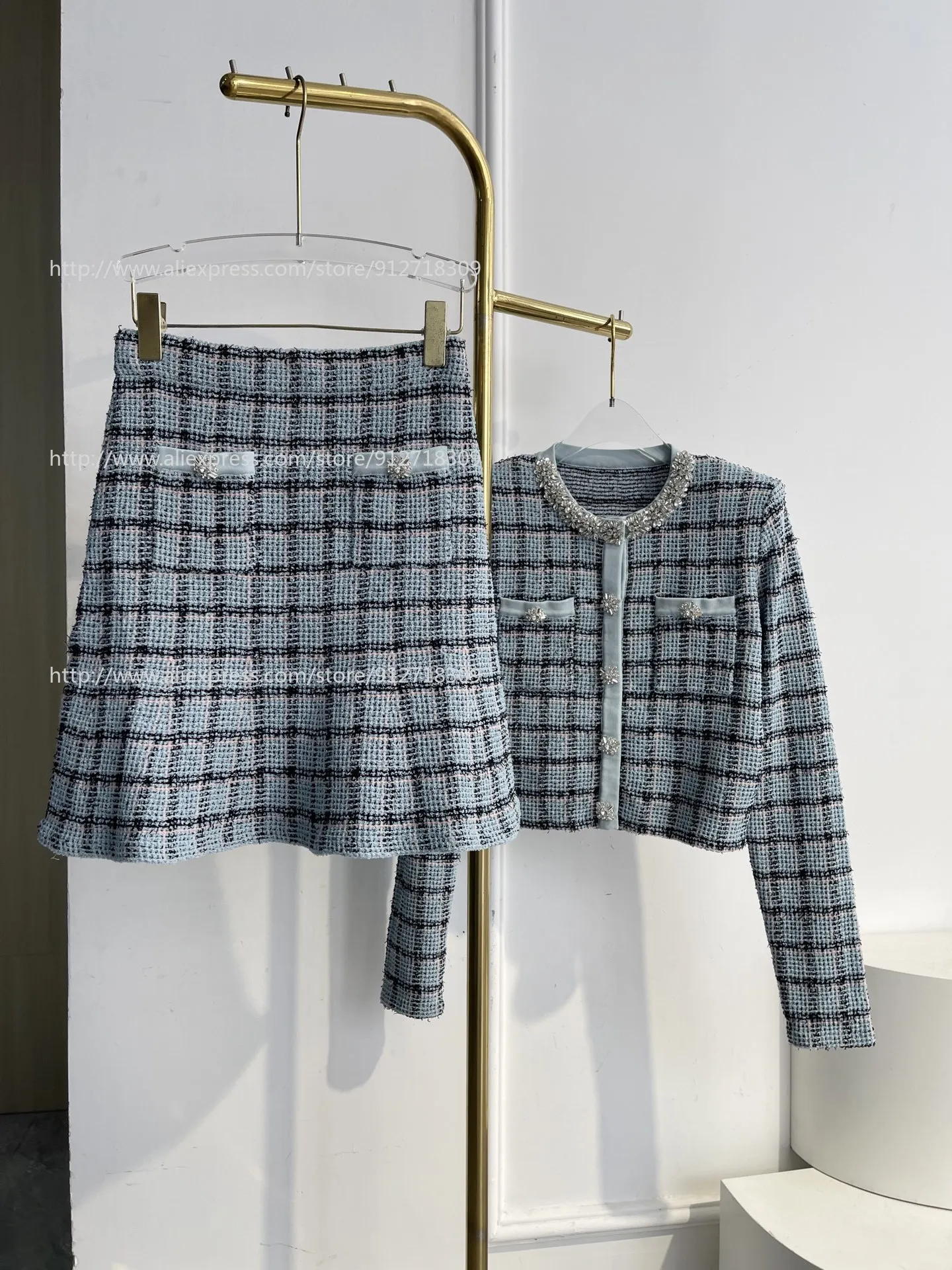 

2026 Women Clothes Gray Plaid Print Long Sleeve Beading Cardigan Tops and Mini Skirt Elegant Suit