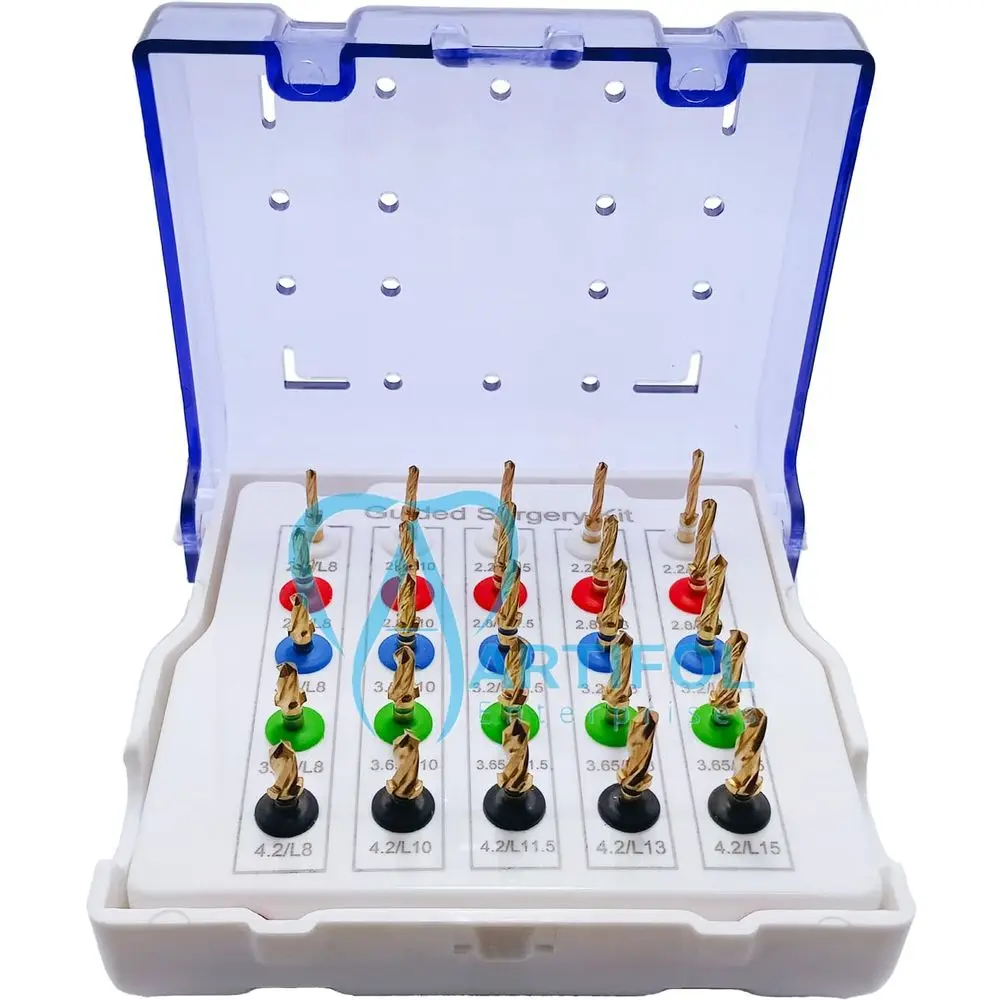 

Набор из 25 стоматологических направляющих сверл для имплантатов – разные размеры и ограничители, полностью автоклавируемые, в пластиковом футляре – набор сверл с золотым покрытием