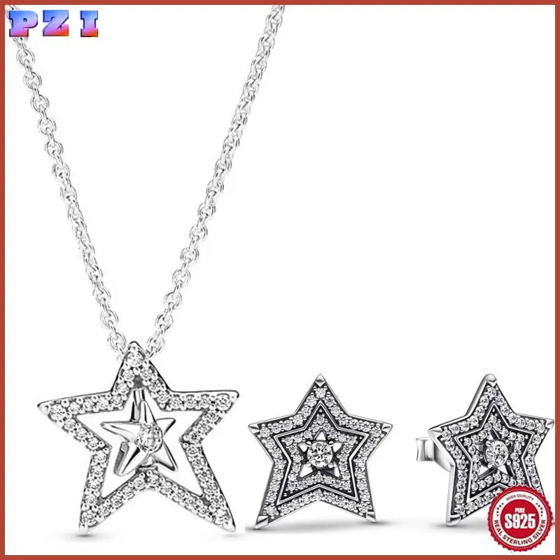 

Authentic 925 Sterling Silver Pave Asymmetric Star Collier Earring Necklace With Crystal Fit Europe Bracelet Jewelry Set Gift