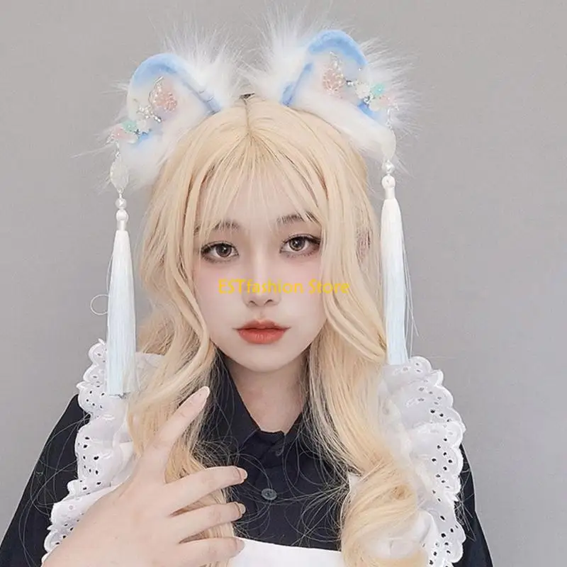 

Y5GC в китайском стиле с кошачьими ушками, игра для косплея, обруч для волос, женская повязка на голову с декором из бахромы