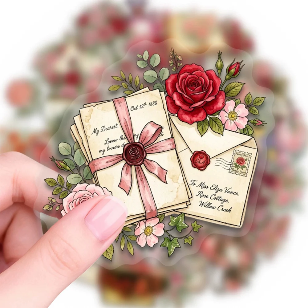 

10/30/50pcs Vintage Rose Art Aesthetic Stickers Transparent Cartoon Decoration Sticker Luggage Scrapbook Phone Diary Decals Gift