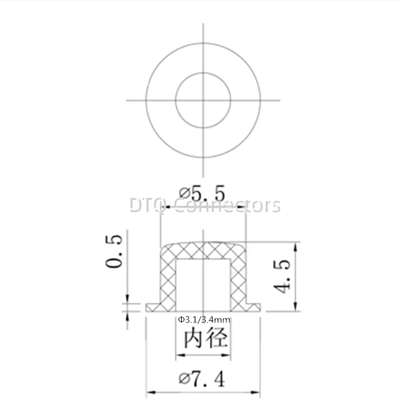 촉각 푸시 단추 스위치 라운드 캡, 모자 모양, A101, 4.5x7.4mm, 6x6mm, 6x6mm, 택트 마이크로 스위치, 내부 구멍 3.1mm, 3.4mm, 100 개