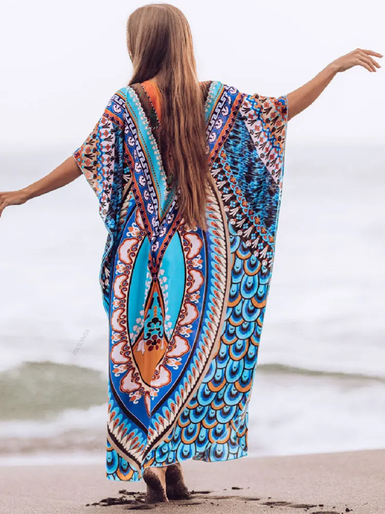 2023 Bohemian Printed Summer Holiday Dress Blue Tunic Women Beach Wear Kaftan V-Neck Bats Sleeve Maxi Dress Robe Q956