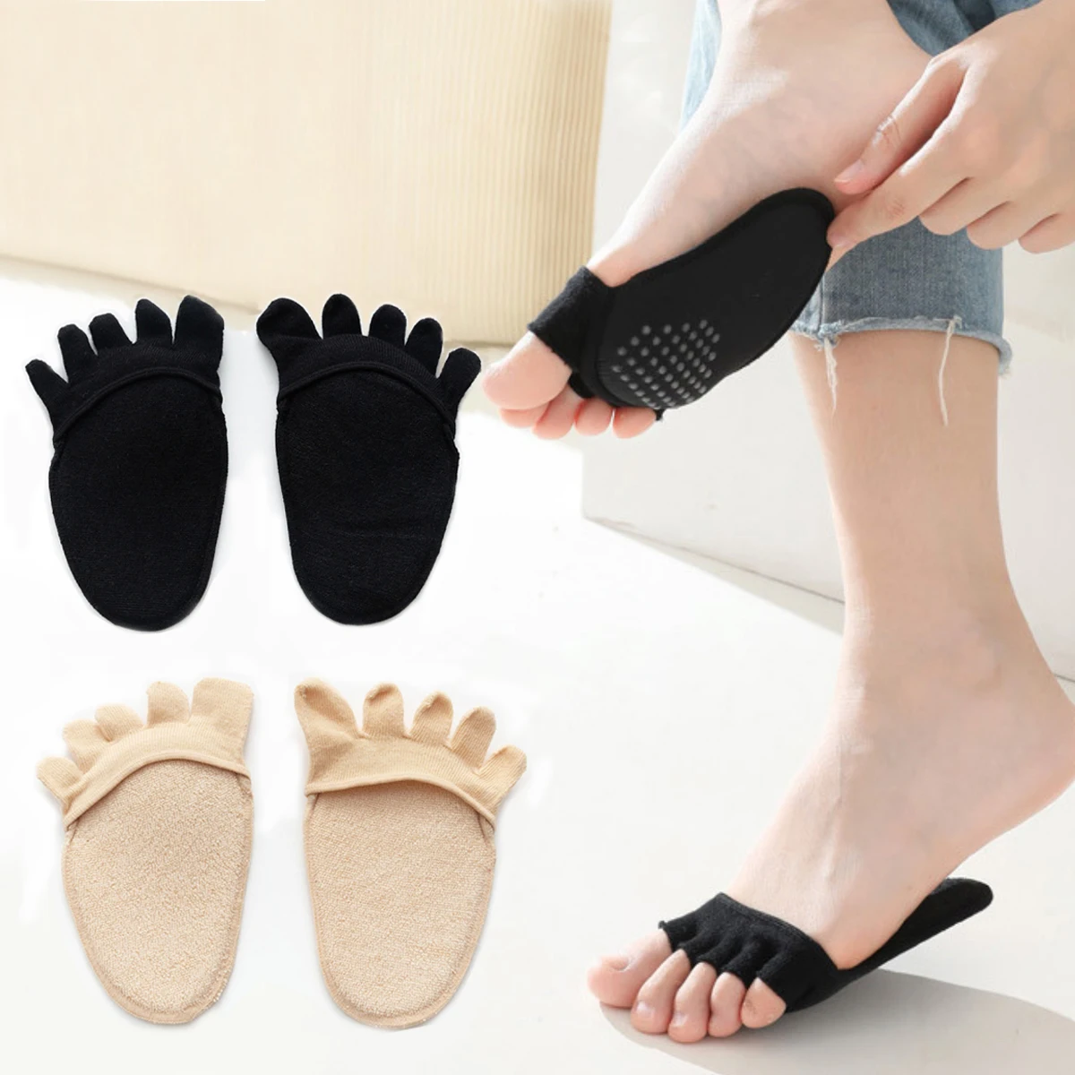 (2 pary) Niewidoczne skarpetki do butów na wysokim obcasie |   Oddzielne ochraniacze na palce, oddychające z włókna bambusowego, zapobiegające powstawaniu odcisków i antypoślizgowe nakładki na przodostopie
