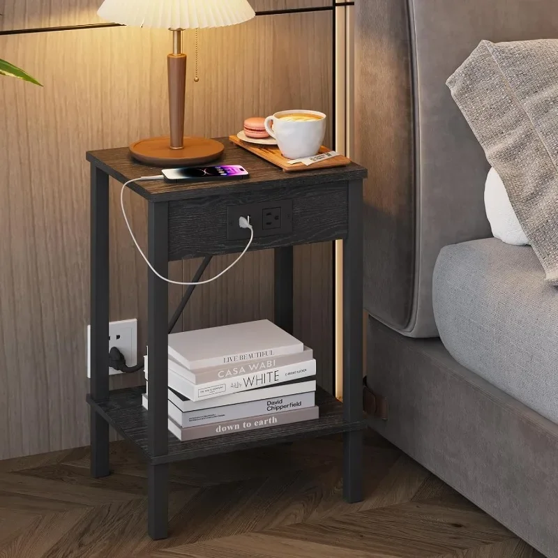 Set of 2 End Table with Charging Station, Narrow Side Table with USB Ports and Outlets, Nightstands with 2-Tier Storage Shelves,