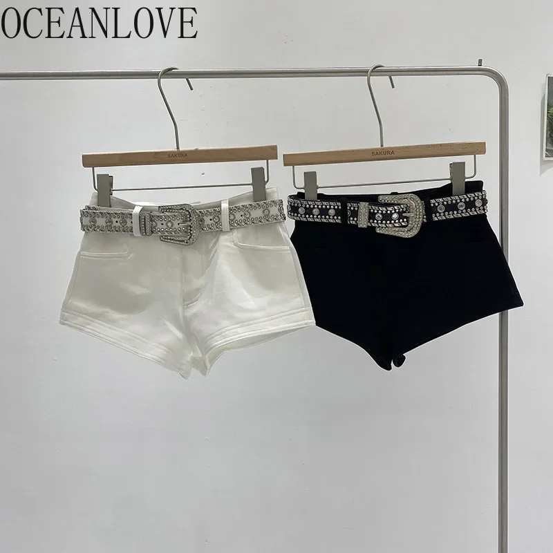 OCEANLOVE Diamonds Belt Shorts Mujer Spring Summer Solid Vintage Sexy Women Pants Korean Fashion Basics Pantalones Cortos