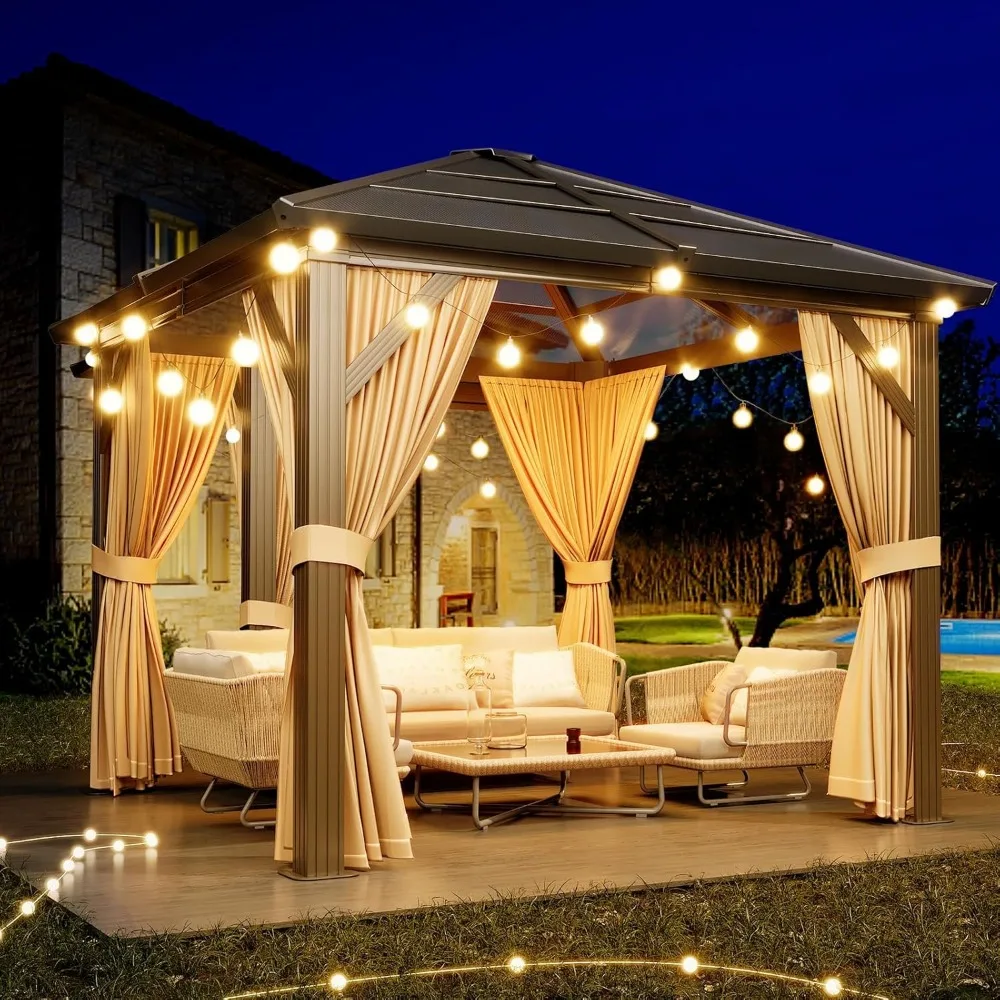 

10'x12' Hardtop Gazebo, Outdoor Polycarbonate Single Roof Canopy, Aluminum Frame Permanent Pavilion with Curtains and Netting,
