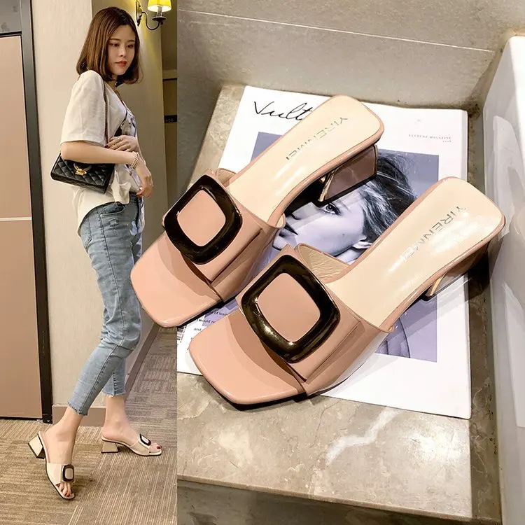 2022 Fashion Elegant Womens Sandals High Quality Solid Metal Decorate PU Leather Square Toe Femme Low Heel Party Dress Shoes