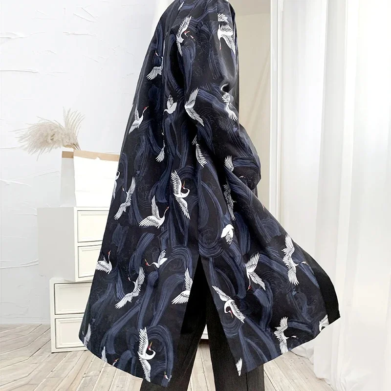 Men's Japanese Long Kimono Cardigan Boys Samurai Costume Kimono Kanagawa Wave Crane Pattern Kimono Shirt Yukata Outer Cover