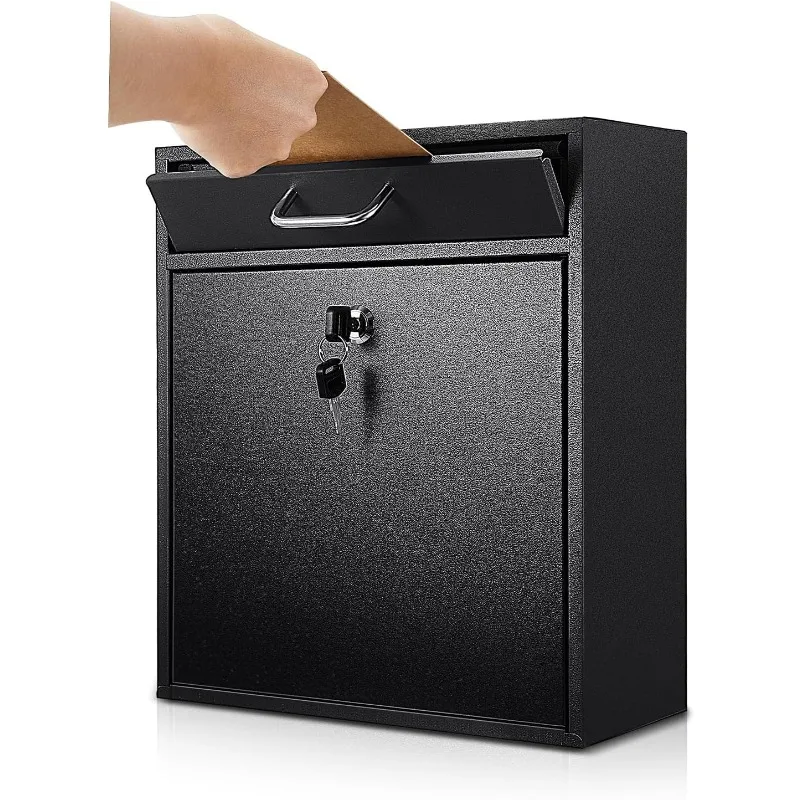 Box with Lock Security Mail Drop Metal Collection Boxes Hanging Secure Postbox(Black,12 x 10.5 x 4.7 Inches)