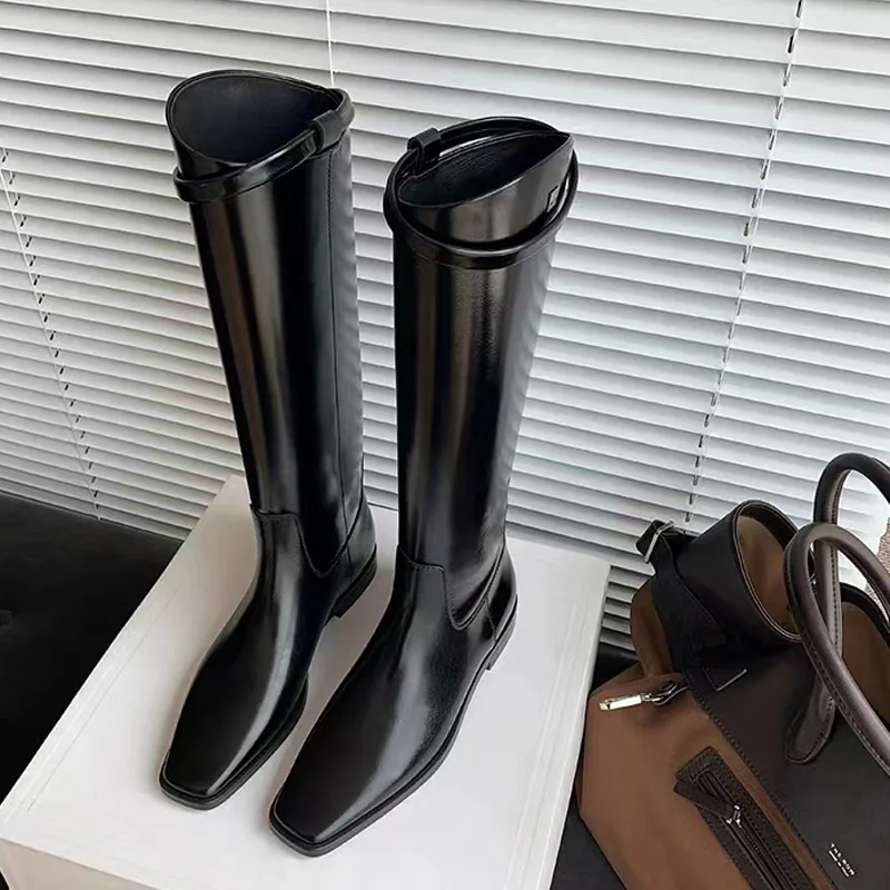 New Women's Boots Fashion Square Toe Knee-length Boot Elastic and Comfortable Thick-soled Black Keep Warm Stretch Ladies Bootes