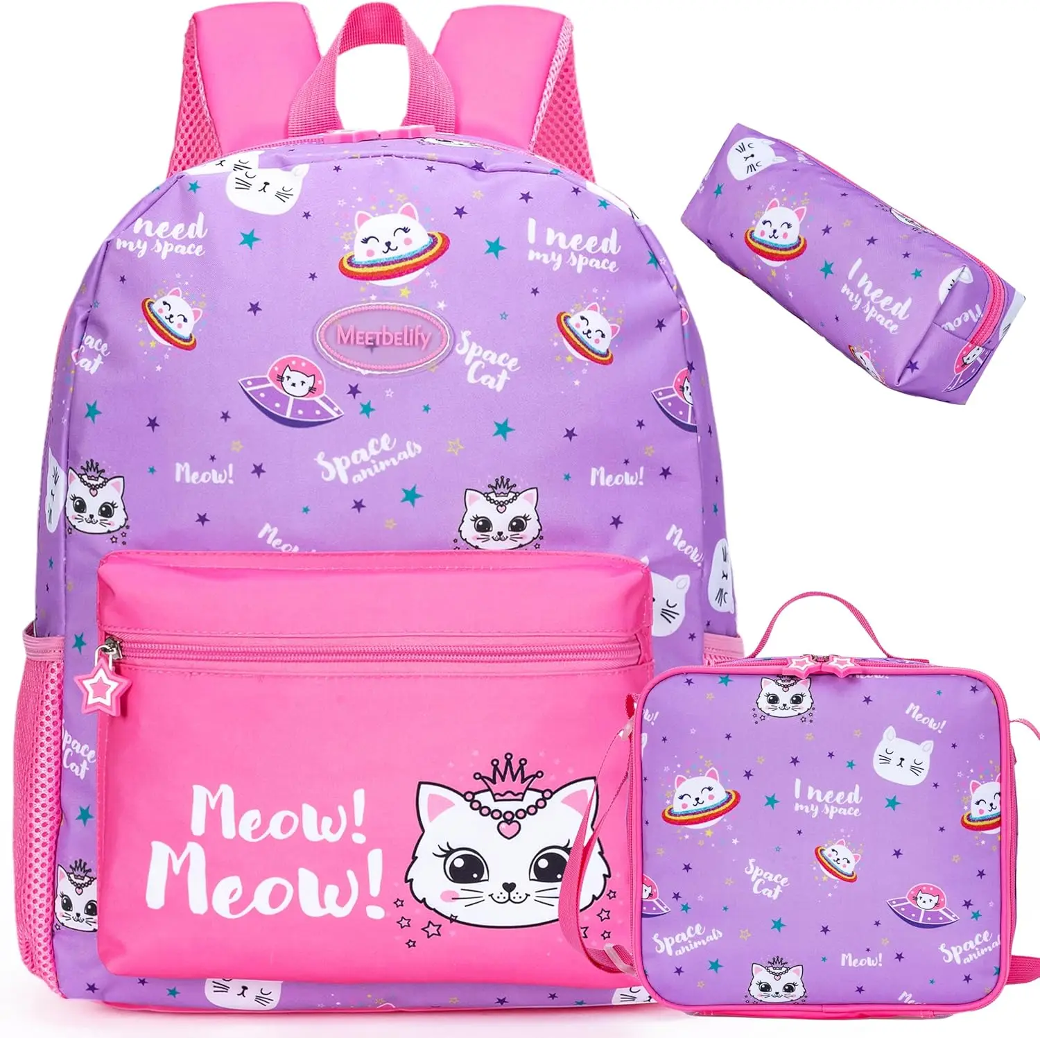 Meetbelify Backpacks for Girls School Backpacks with Lunch Box Pencil Case Kids Meow Canvas Travel Bag for Elementary Student