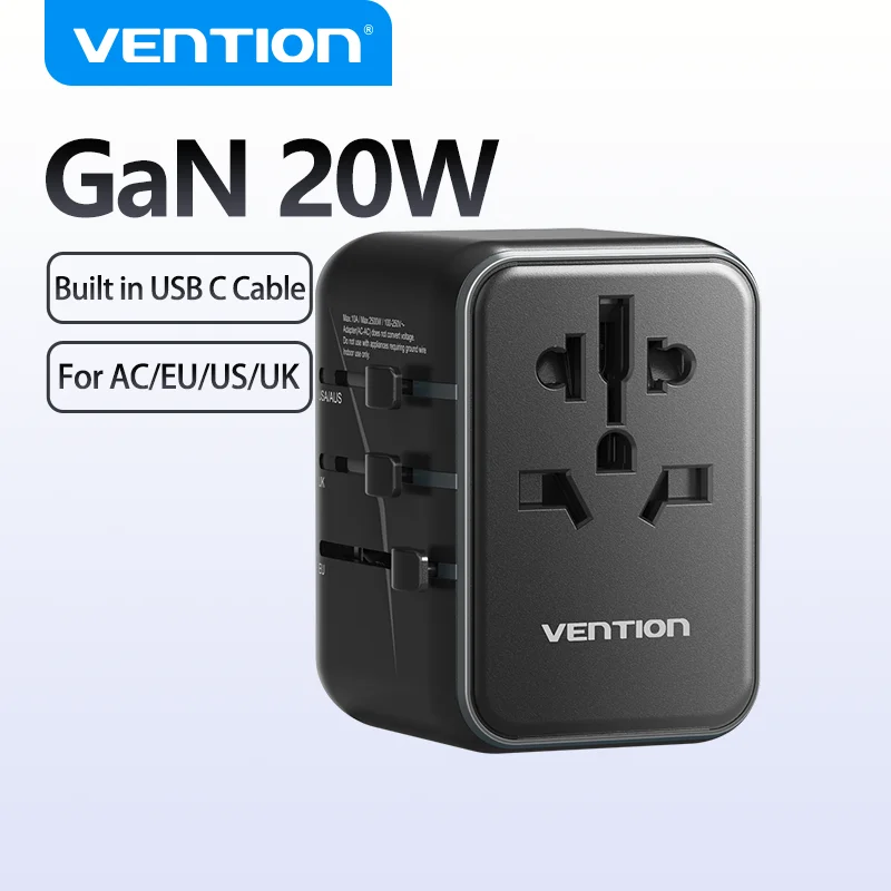 

Vention Universal Travel Adapter PD 20W All in One Worldwide Travel Adapter Wall Charger AC Power Plug Adapter for USA EU AUS UK
