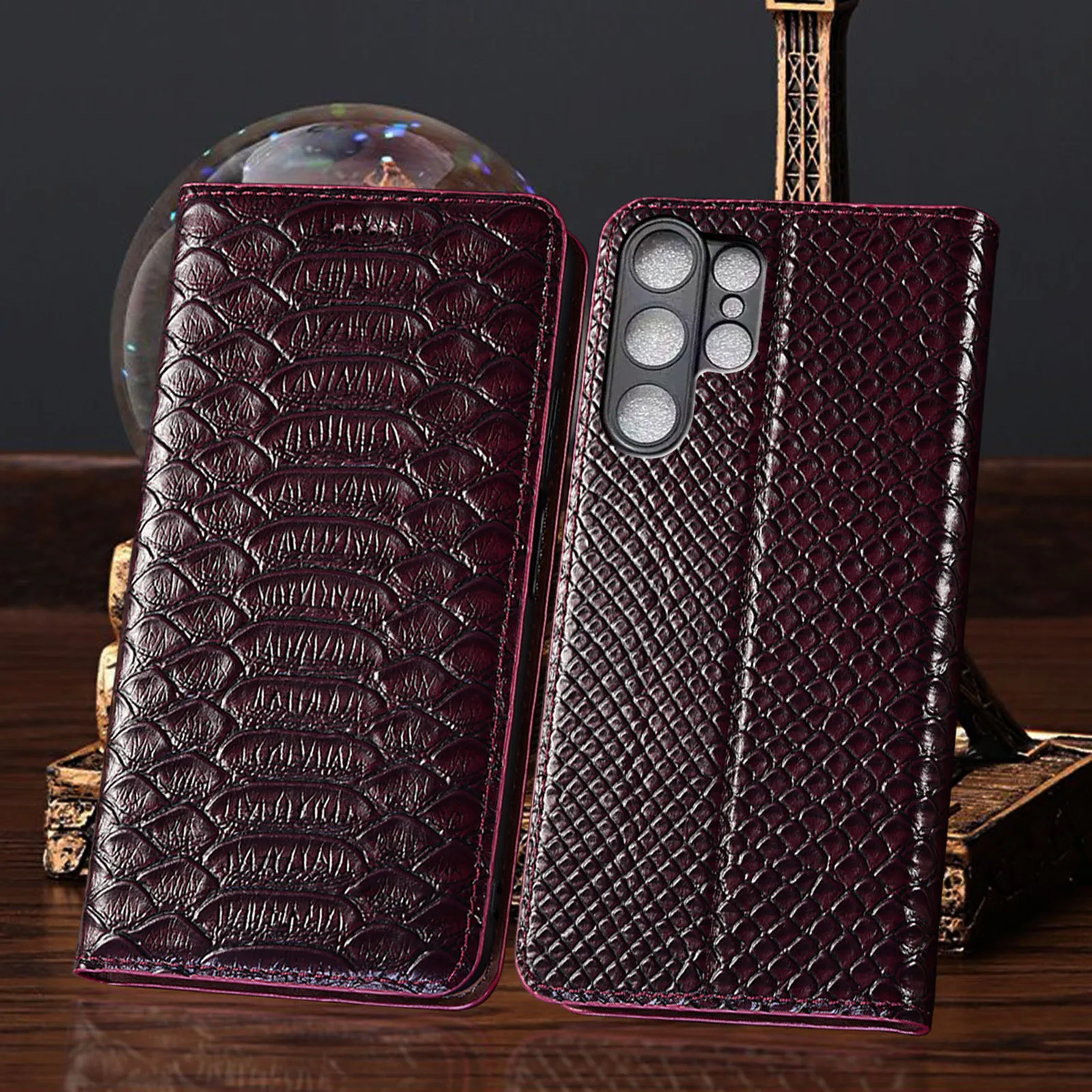 

Genuine Leather Phone Case For Samsung Galaxy S21 S22 S23 S24 S25 Edge Plus Ultra FE Python Pattern Of Flip Cover Case Non-Slip