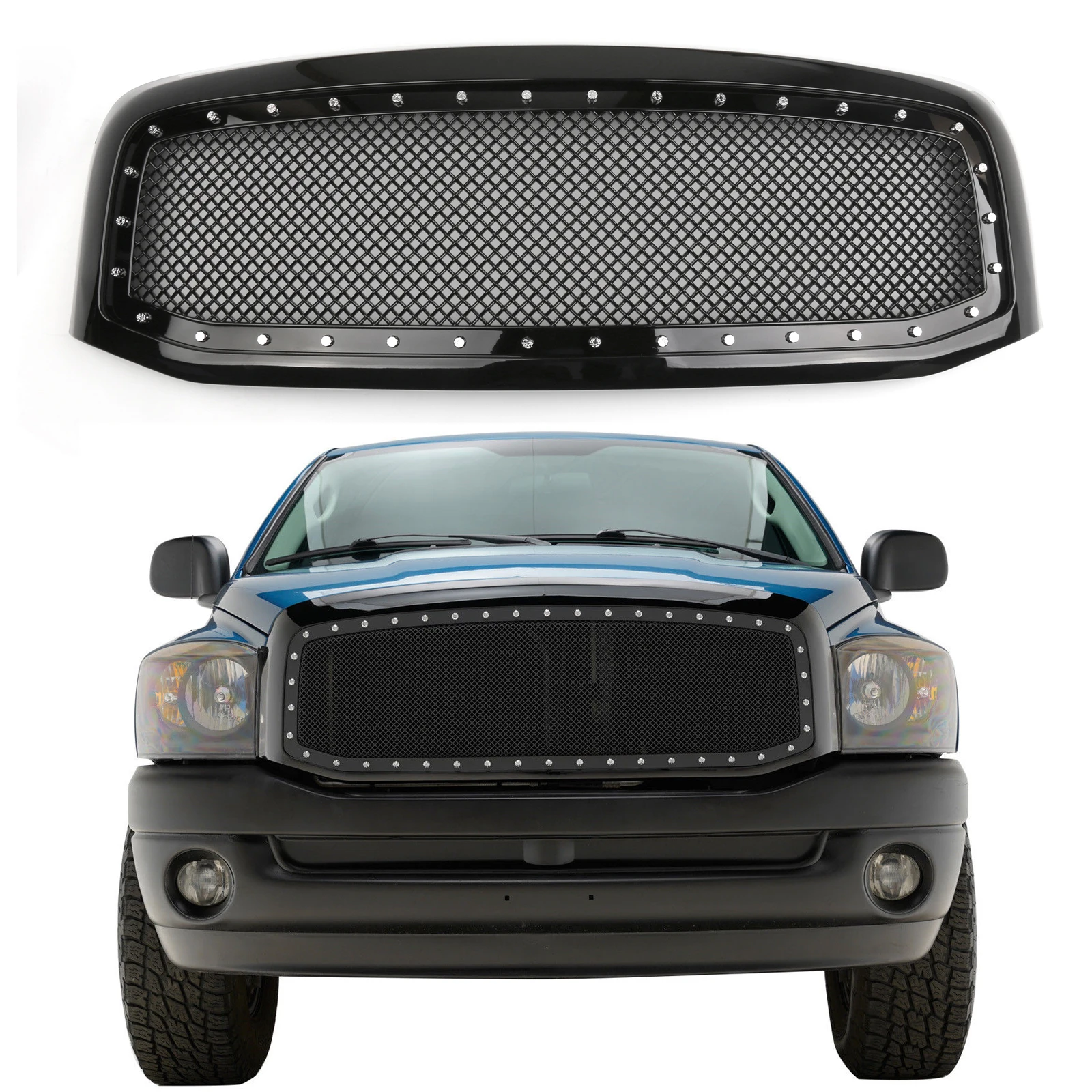 

Black Mesh Style Front Hood Grille w/Chrome Rivet For Ram 1500/2500/3500 2006-2008 models