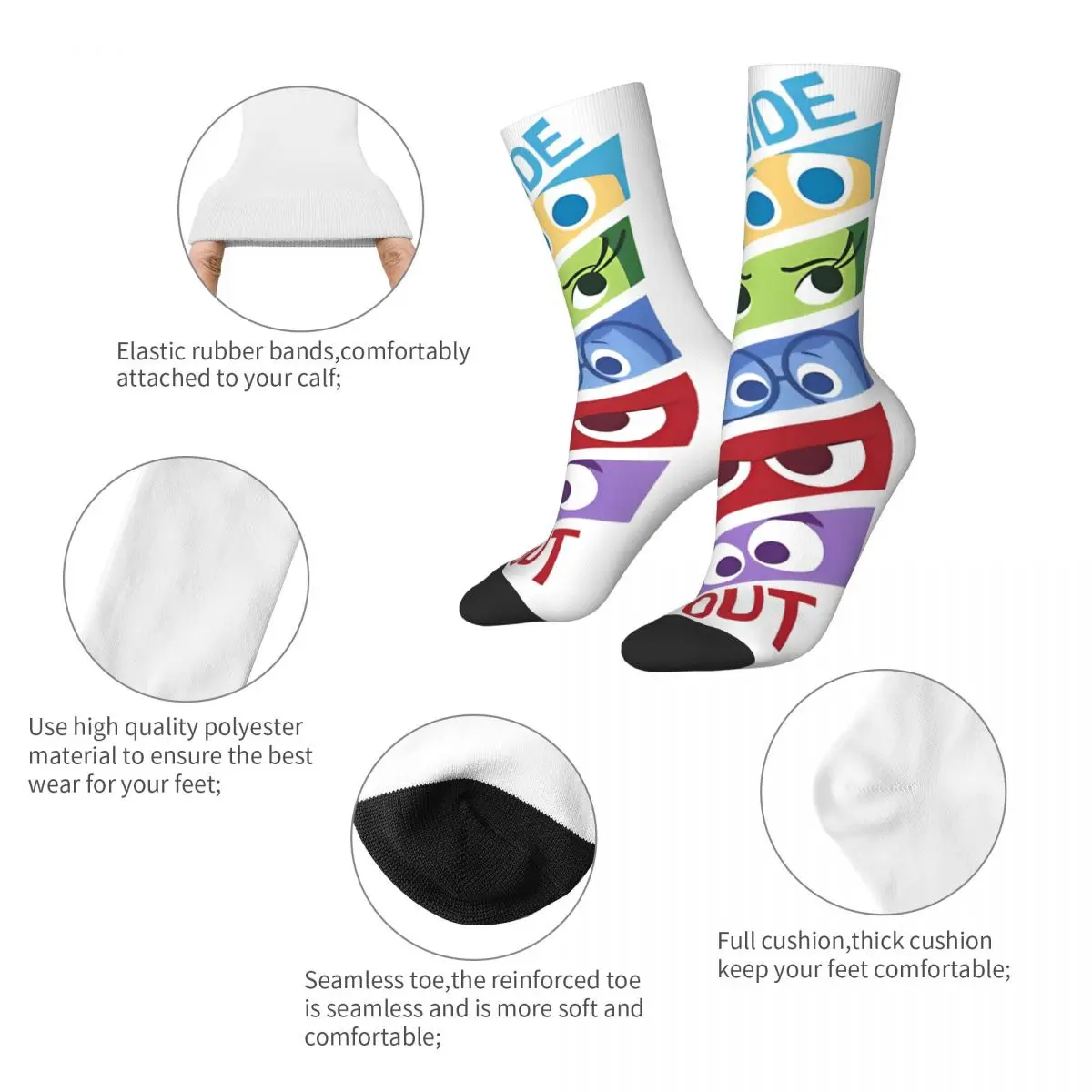 Colorful Inside Out Emotion Panels Basketball Socks Polyester Middle Tube Socks for Unisex Non-slip