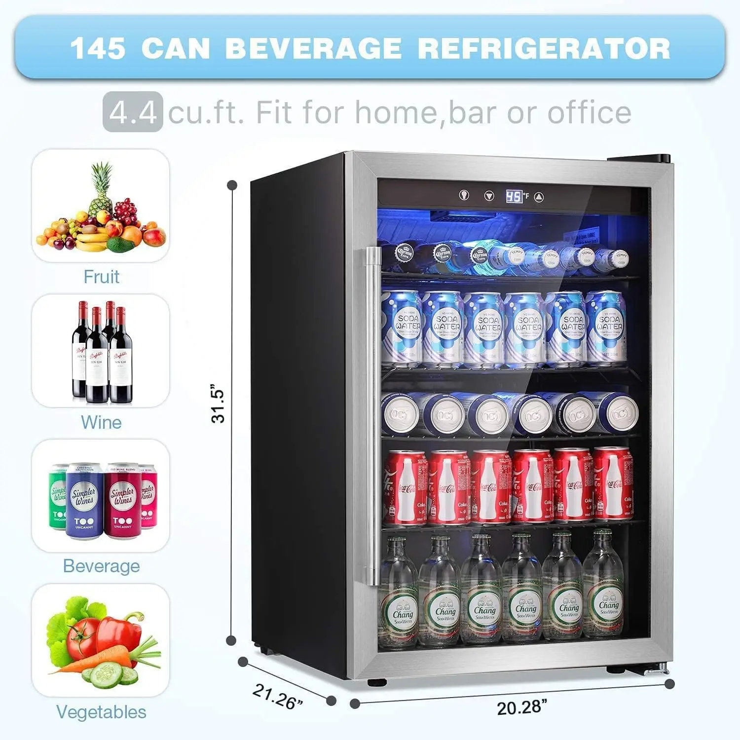 Refrigerator Cooler - 145 Can Mini Fridge Glass Door for Soda Beer or Wine, Clear Front Door for Home Office or Bar, 4.4Cu.Ft.