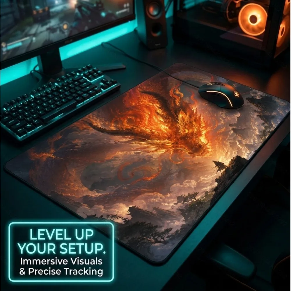 Fire Dragon Desk Mat - Computer Keyboard Pad with Anti-Slip Rubber Bottom and Cool, Dreamy Artistic Edge Mouse Pad
