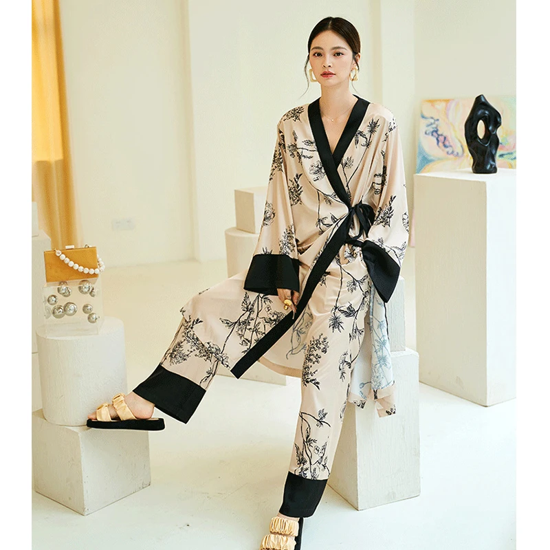 Kimono Pajama Set Women\'s Oversize Floral Print Silk Laides Sleepwear Saitn Luxury 2 Pieces Set Pijama Suit Pyjama for Female