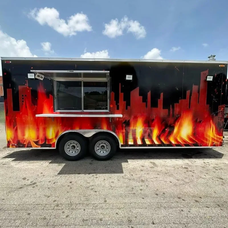 Fully Equipped Square Aluminum Frame Mobile Food Truck Fast Food Restaurant Catering Coffee Ice Cream Trailer Built-In Heater