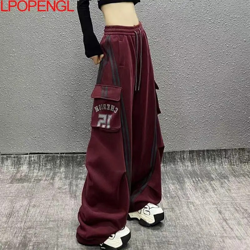 Cargo Pants Women's 2025 Workwear Casual Pants Color Matching Trousers New High Waist Loose Wide Leg Pants