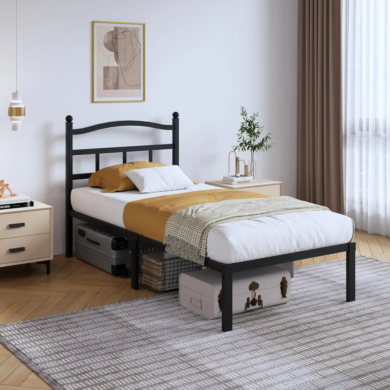 

14 Inch Twin Metal Bed Frame with Headboard, Heavy Duty Platform, Easy Assembly, Noise Free