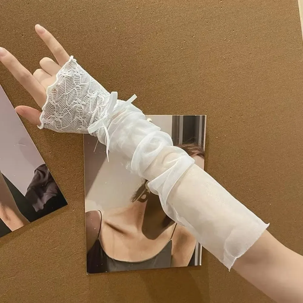 Y2K Lace Ruffle Mesh Gloves Bowknot Tulle Fingerless Gloves Sun Protection Sheer Lolita Gloves