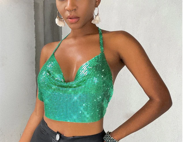 Sexy green Bling Bling Sparkly Metal Rhinestones Crop Top Women Ladies Fashion Tank Camis Backless Halter Party Crop Tops