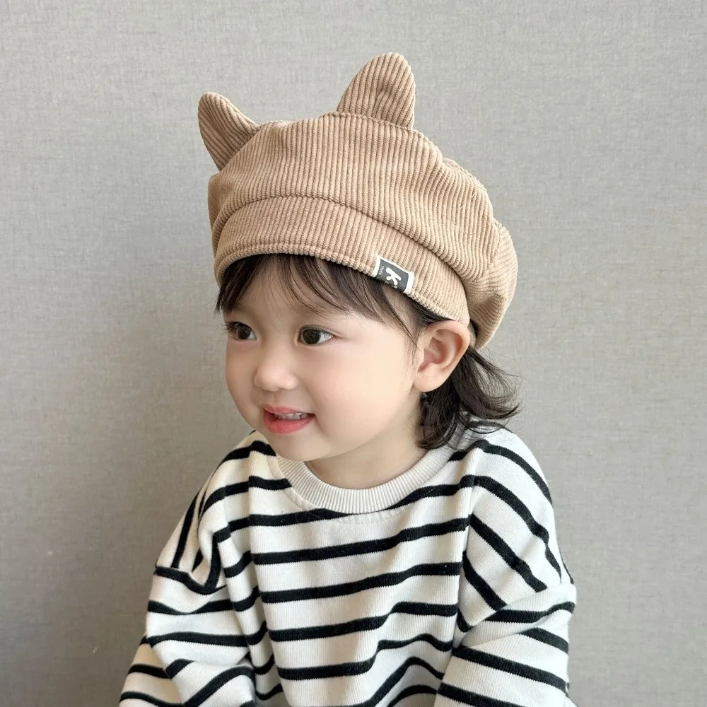 

Kawaii Cute Baby Corduroy Beret Flat Top Boy Girl Cat Ear Beret Korean Sweet Duck Tongue Cap