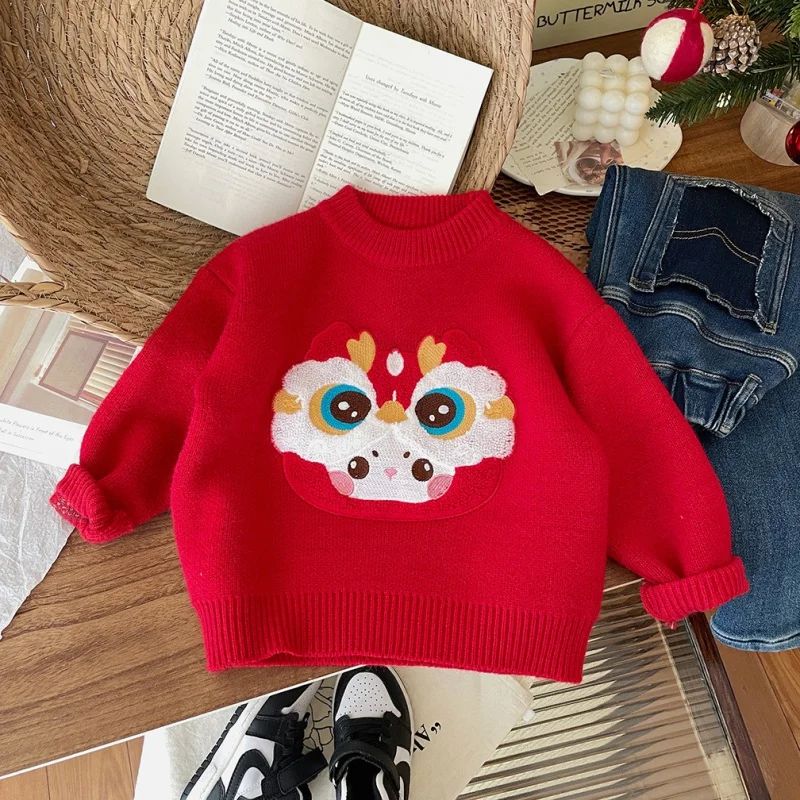 

Girls' Thickened Sweater Winter Clothing 2023 New Knitwear Thickened Keep Baby Warm Dragon Year Red Children's Shirt Fashion