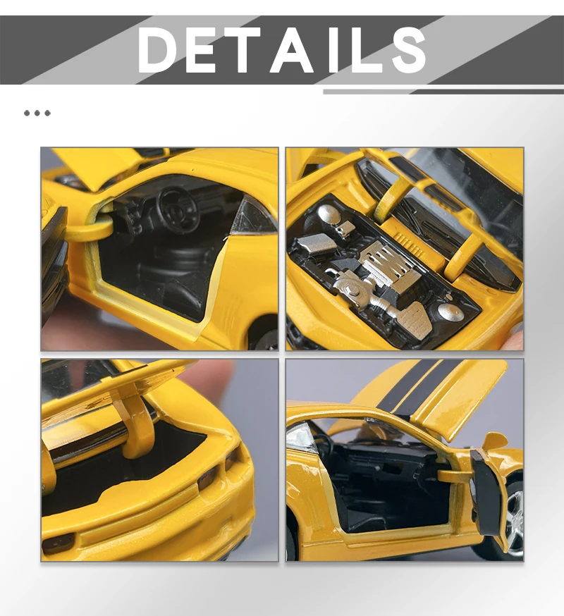 Camaro Bumblebee em escala 1:36, modelo de carro vintage em liga metálica, réplica de veículo miniatura com sistema de fricção para coleção ou presente.