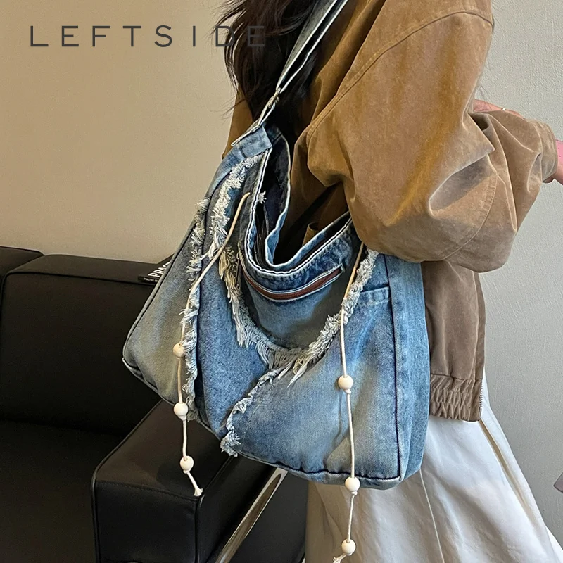 Women Vintage Distressed Denim Tote Bag Shoulder Large Capacity Casual Travel Shopping Crossbody Bags 2026 New Trend Handbags