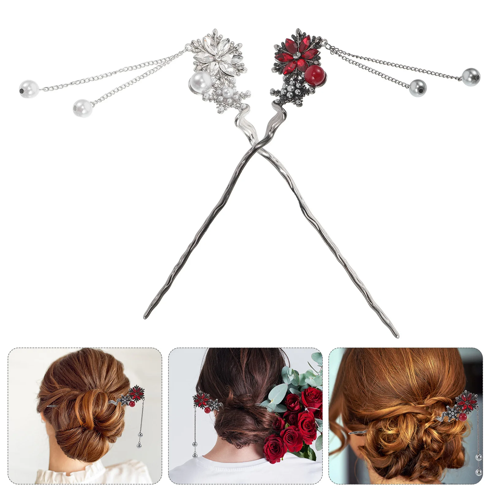 2개입 중국식 핀 눈꽃송이 장식 태슬 고대 스타일 막대 문화 의상 헤어스타일 헤어 액세서리 여성 패션