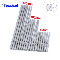 17PCS 802 6mm Round Shank Torx Screwdriver Bit Set for DC Powered Electric Screwdriver Hand Tools T8-T30 60mm 100mm 150mm length