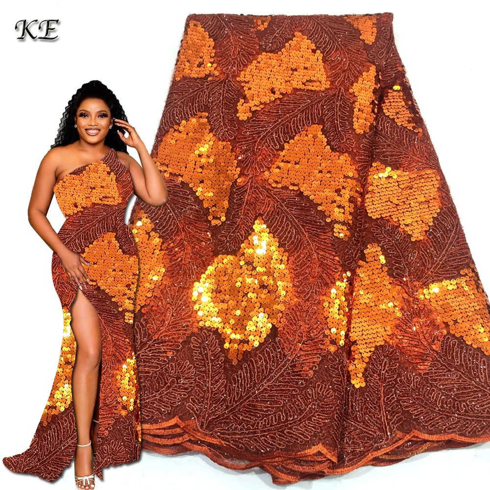 

2022 New Arrival African Lace Fabrics Burnt Orange Nigerian Embroidered French Lace Gold Sequin Fabric For Bridal Dress