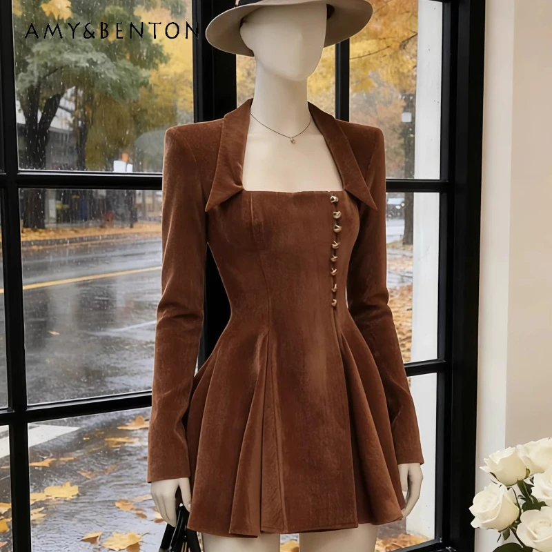 

Leather Velvet Temperament Women's Dress Original Design Sense Square Collar Waist-cinching High-end Thin A-line Dresses Ladies