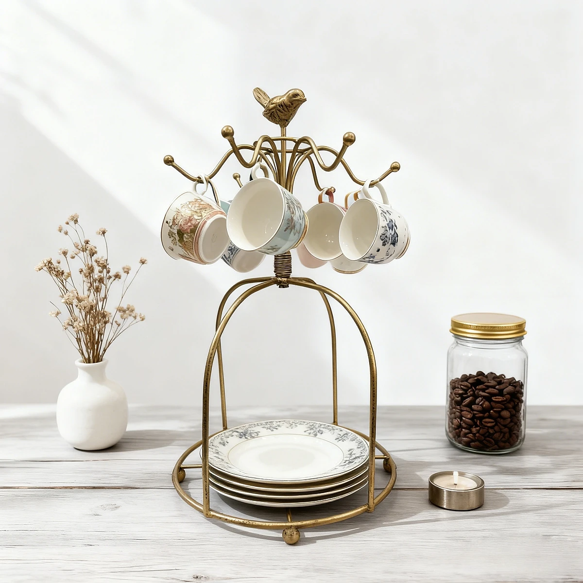 

Винтажная подставка для кружек в виде дерева с золотыми птицами, ретро-подставка для чашек из металла для декора деревенской кухни и кофейни