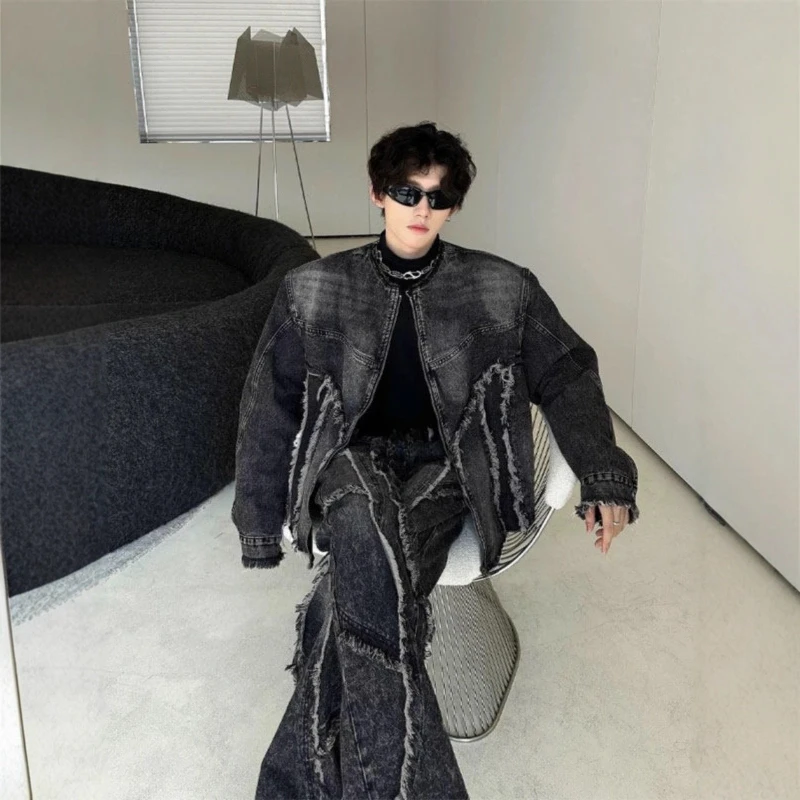 

Washed Tie Dye Fringed Black Denim Set For Men Short Padded Shoulder Jean Jacket, Fashion Casual All-Match Streetwear Outfit Top