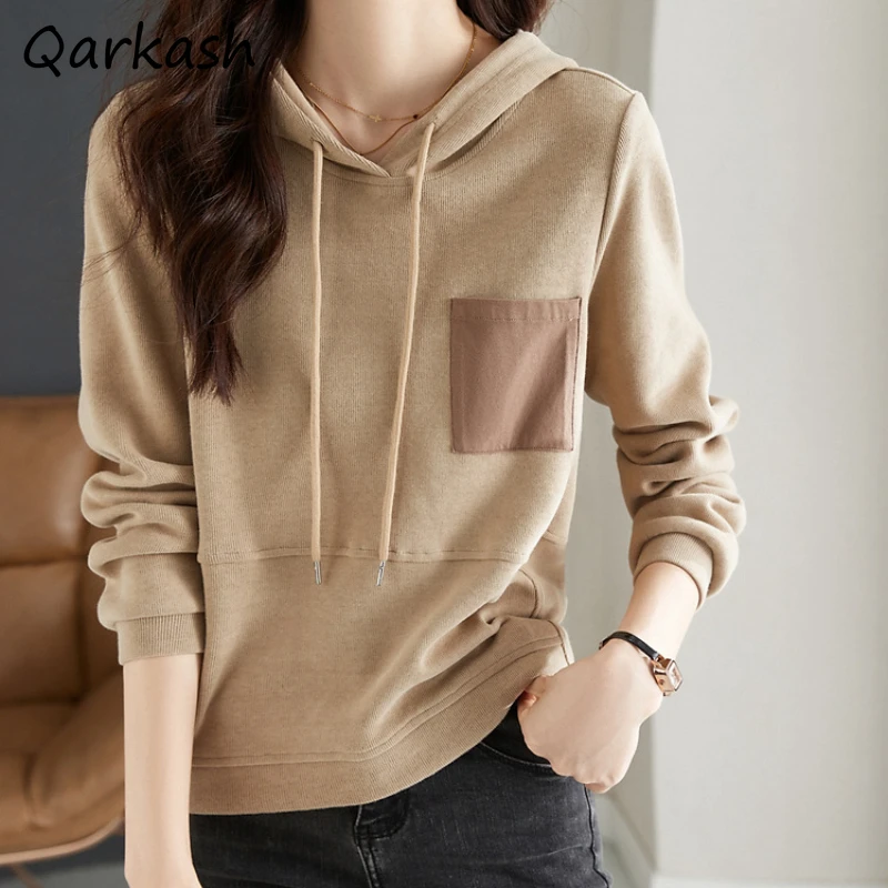 

Hoodies Women Loose Casual Patchwork Big Pockets Simplicity Tempeament Design Streetwear Korean Style All-match Autumn Fashion